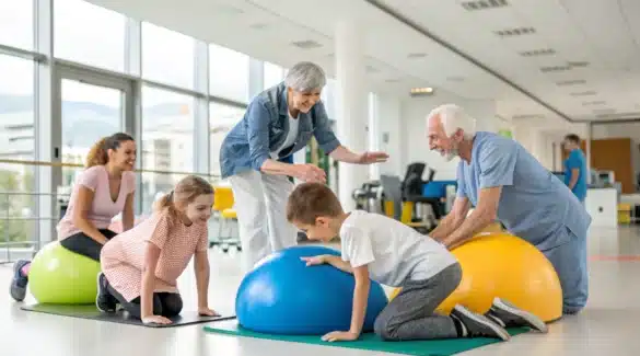 Un petit groupe de patients de tous âges en train de réaliser ensemble des exercices de rééducation sous la supervision d’un thérapeute.